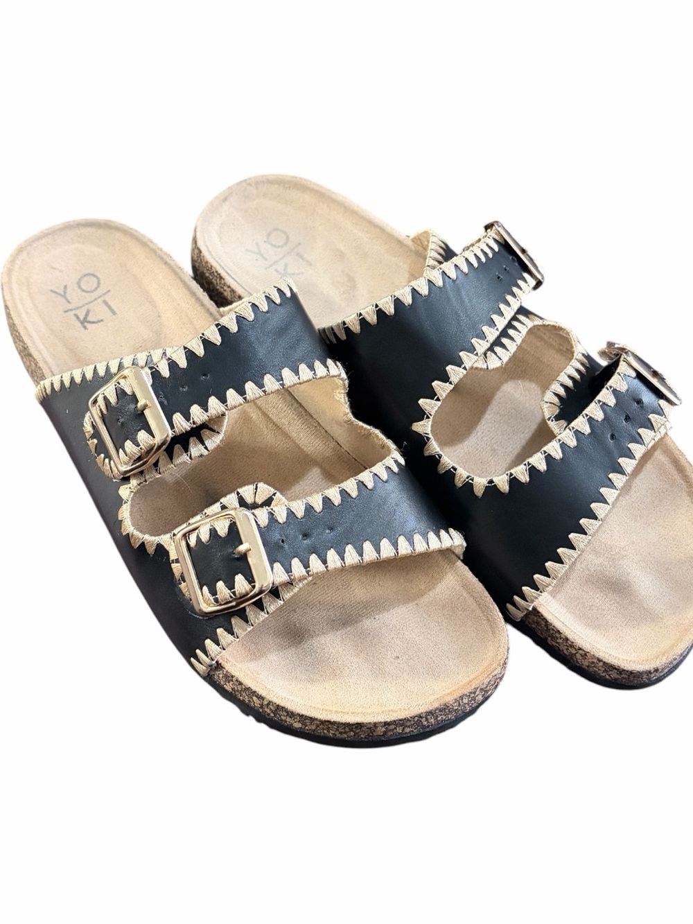 Ladies Slip On Slide Sandals Adjustable Buckle Strap Faux Leather GUC